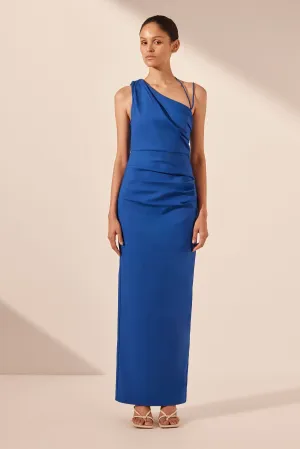 LANI ASYMMETRICAL GATHERED MAXI DRESS - AZURE