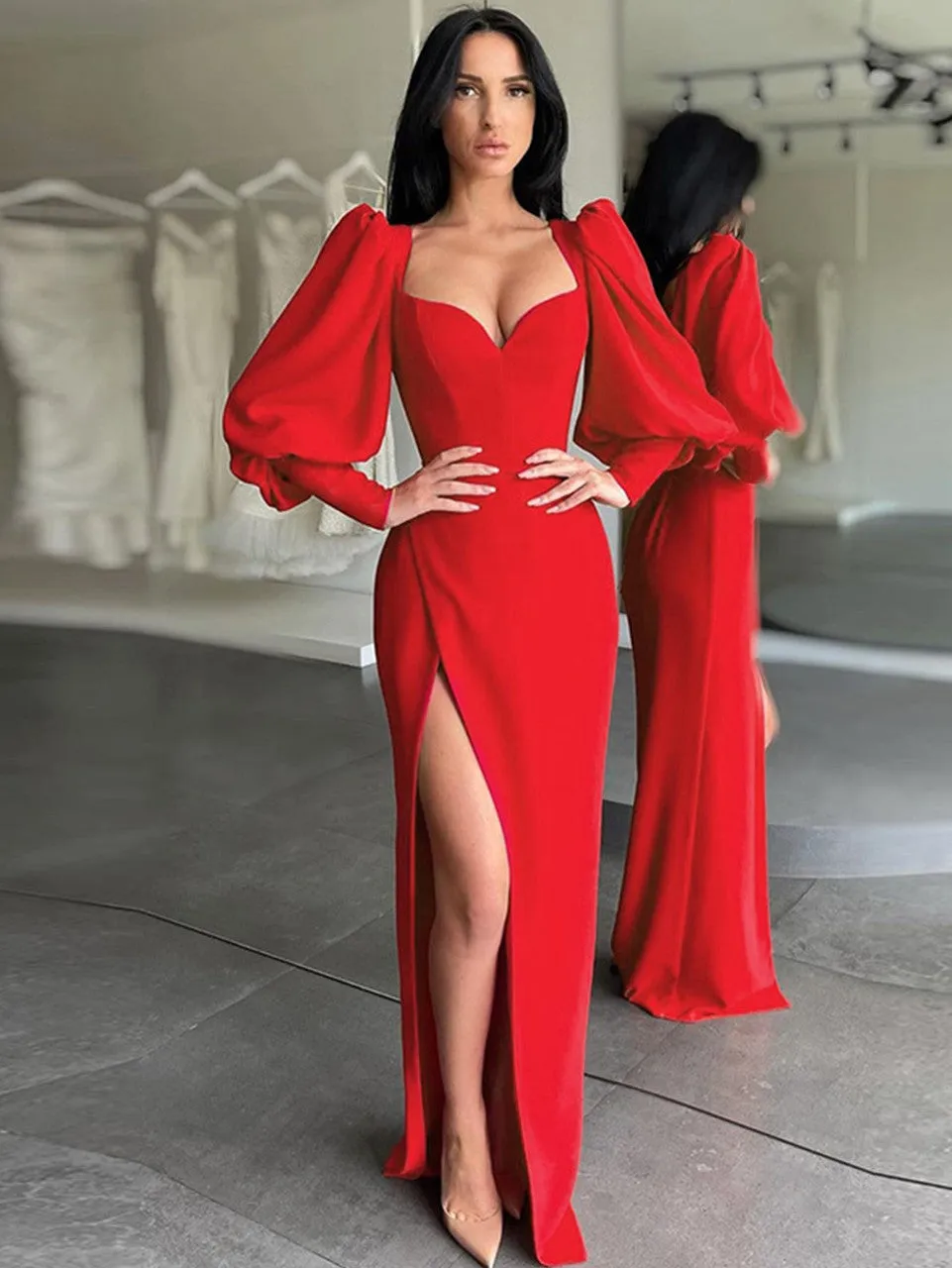 Long Lantern Sleeves Prom Dresses Evening Formal Gowns SH497