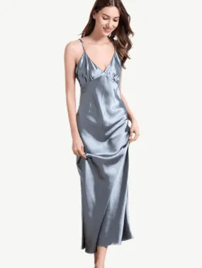 MARILYN SATIN SLIP MAXI DRESS - STEEL BLUE