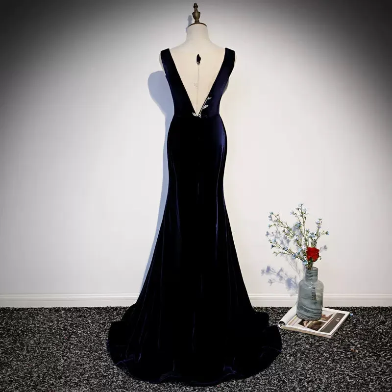 Mermaid V neckline Sleeveless Navy Blue Prom Dresses SH133