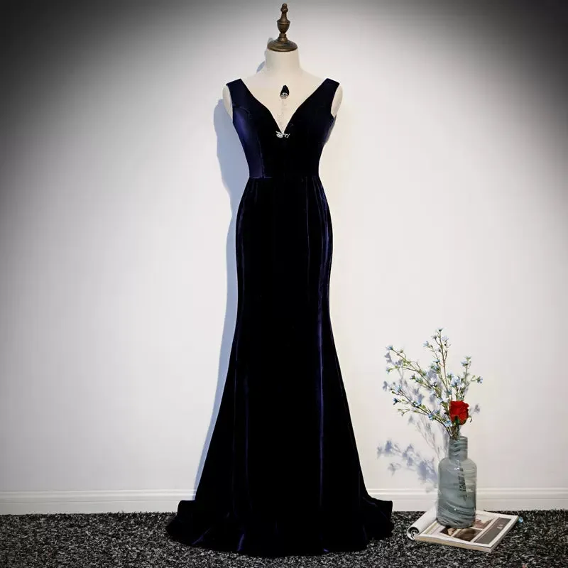 Mermaid V neckline Sleeveless Navy Blue Prom Dresses SH133