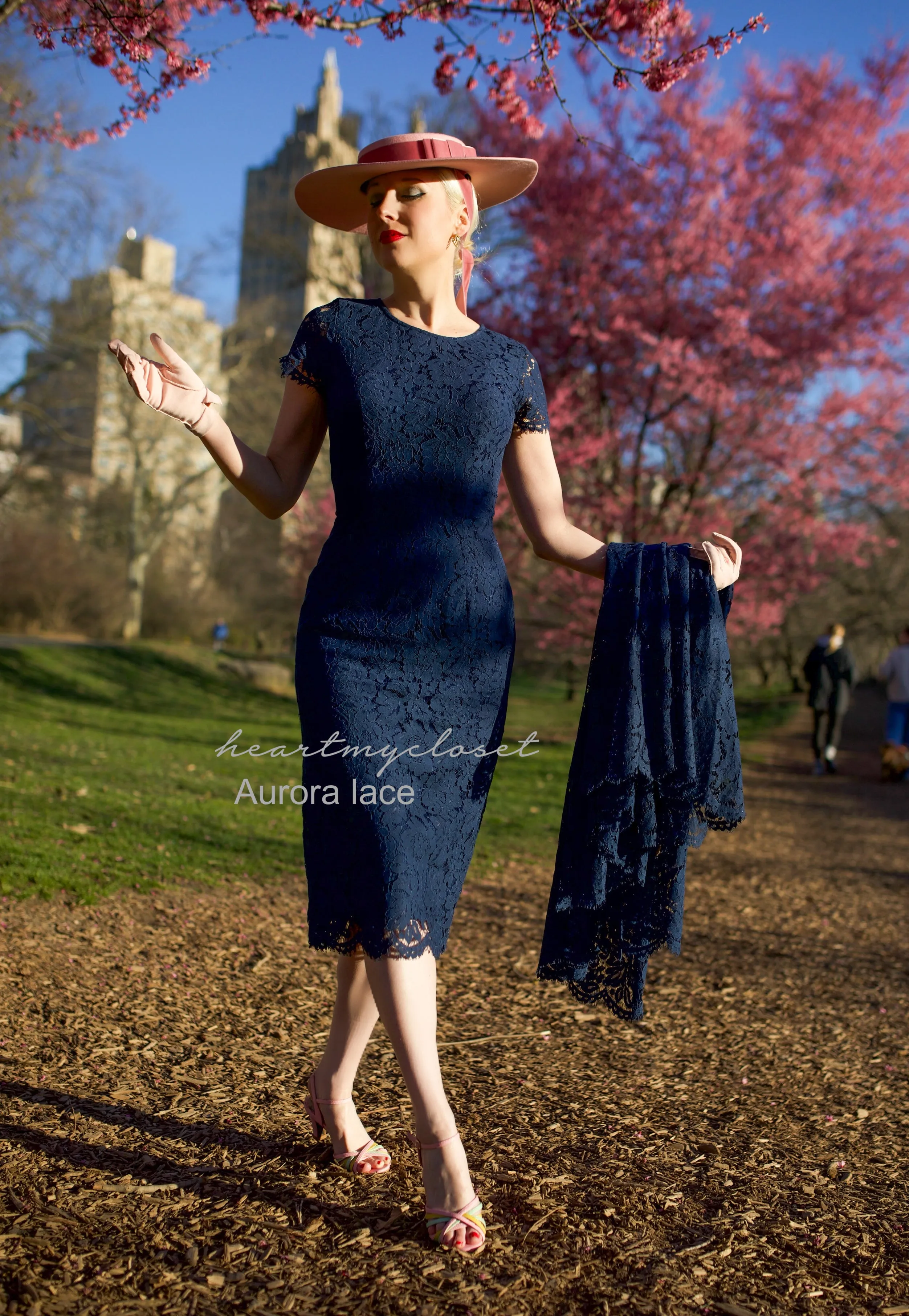 navy Lace Aurora pencil dress with removable skirt wrap