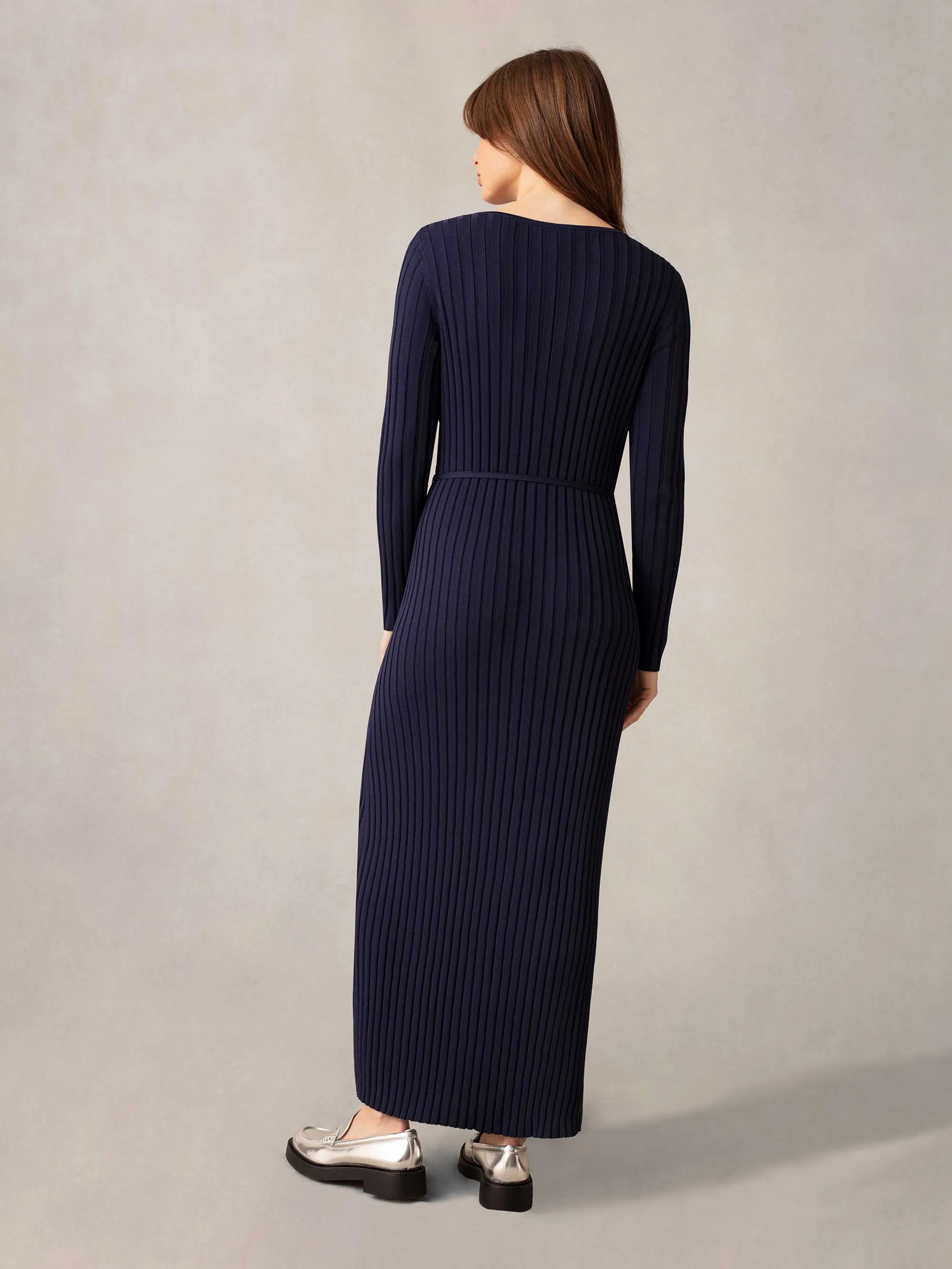 Navy Wide Rib Knit V-Neck Maxi Dress