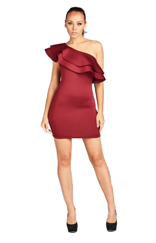 One Shoulder Strapless Ruffled Mini Dress