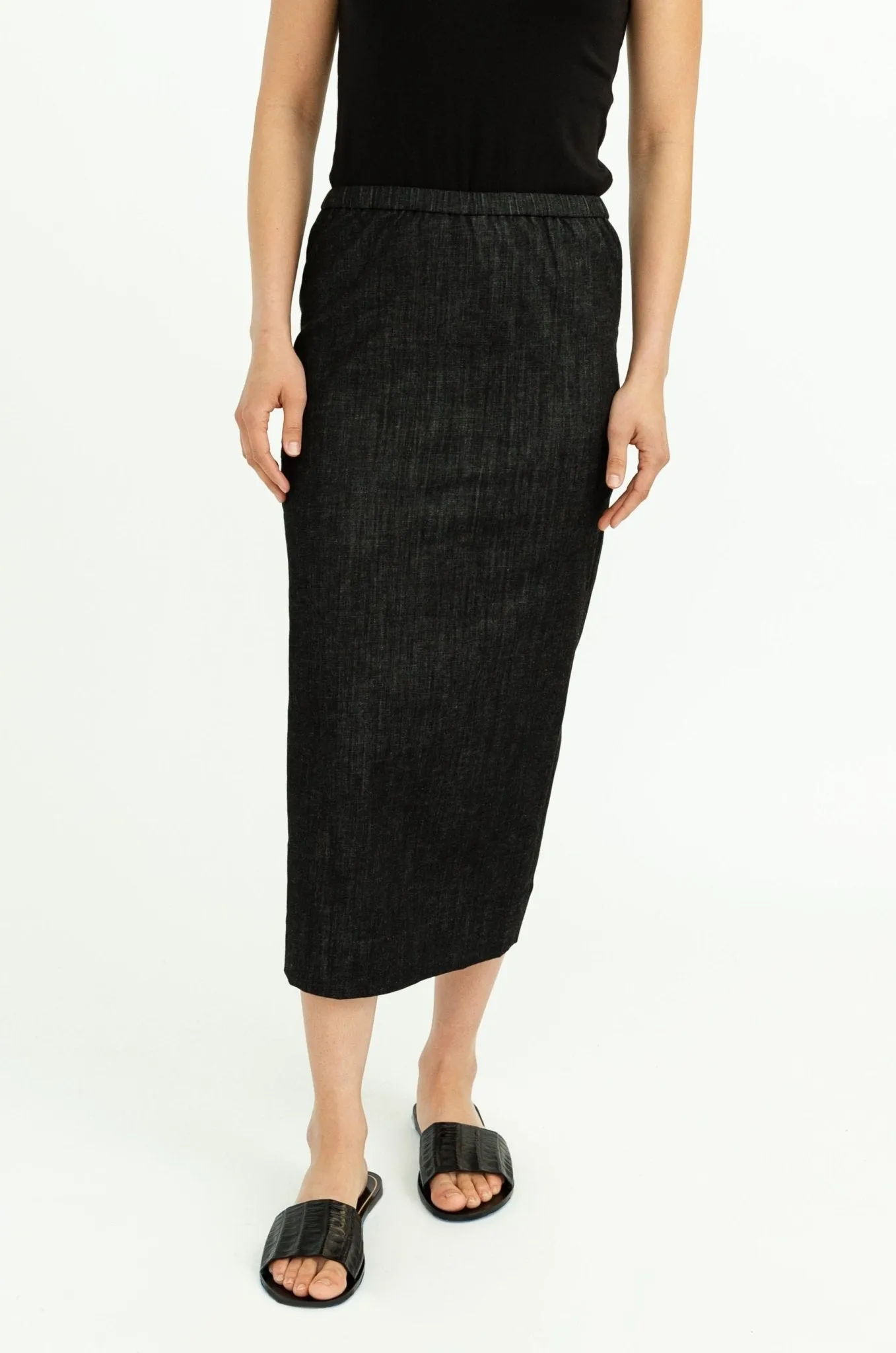 PISA LONG KICK PLEAT SKIRT IN STRETCH DENIM