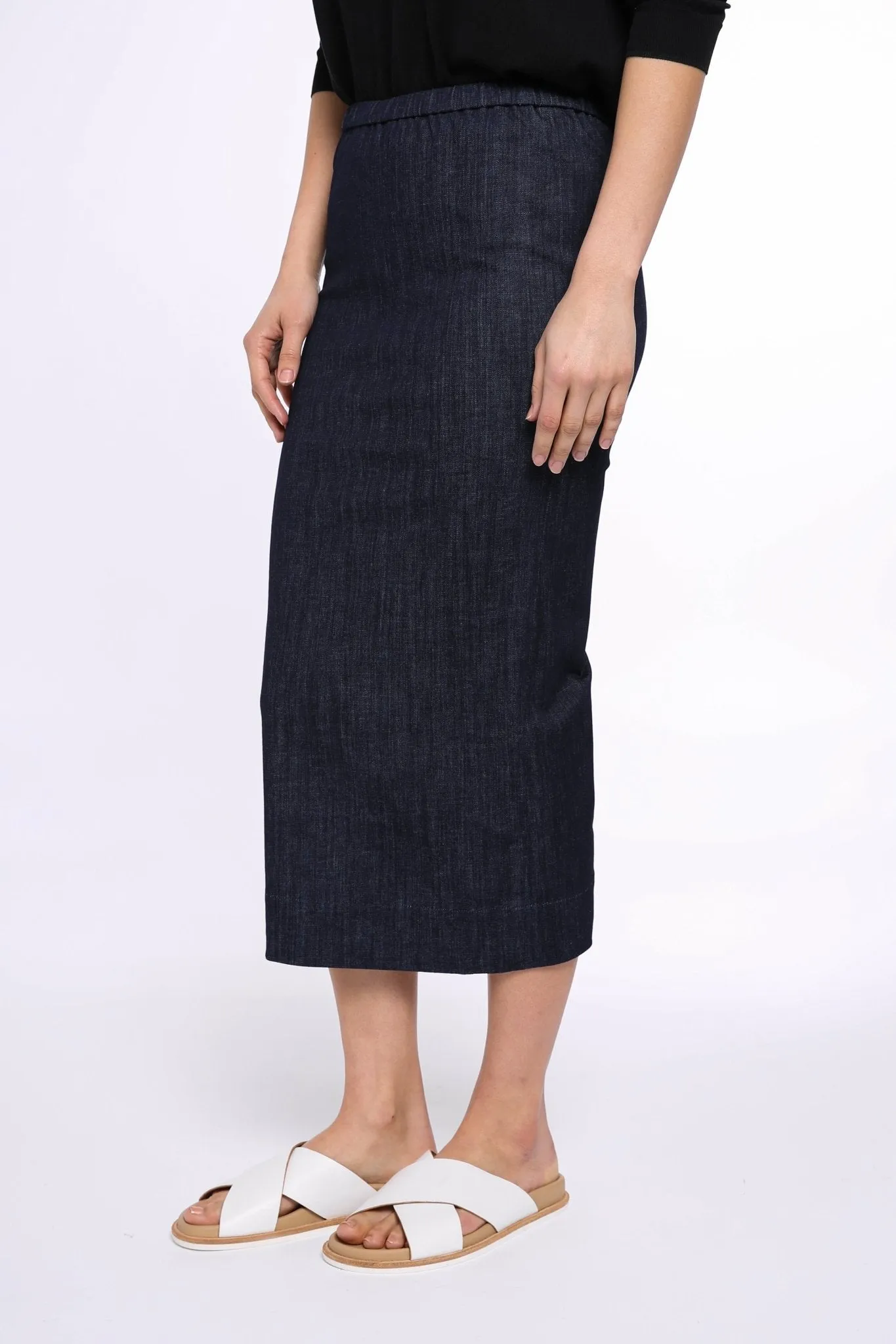 PISA LONG KICK PLEAT SKIRT IN STRETCH DENIM