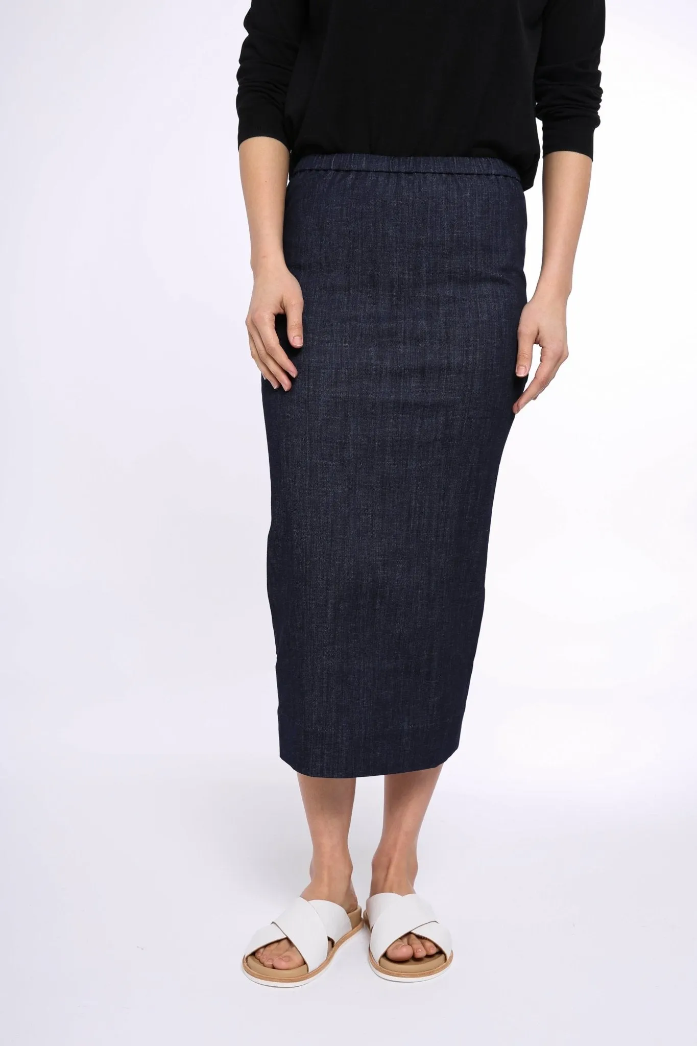 PISA LONG KICK PLEAT SKIRT IN STRETCH DENIM