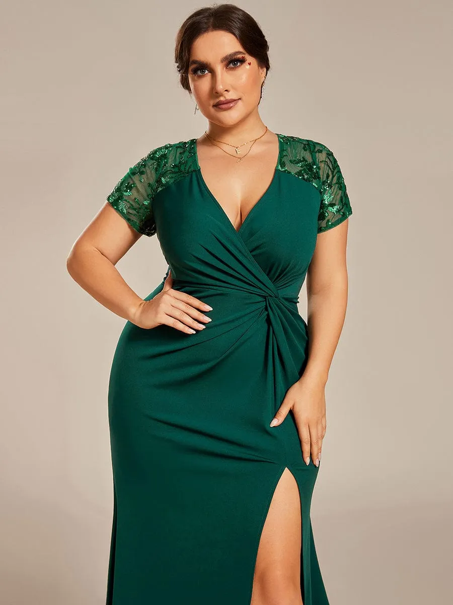 Plus Size Front Slit Short Sleeve With Sequin Formal Evening Dresses