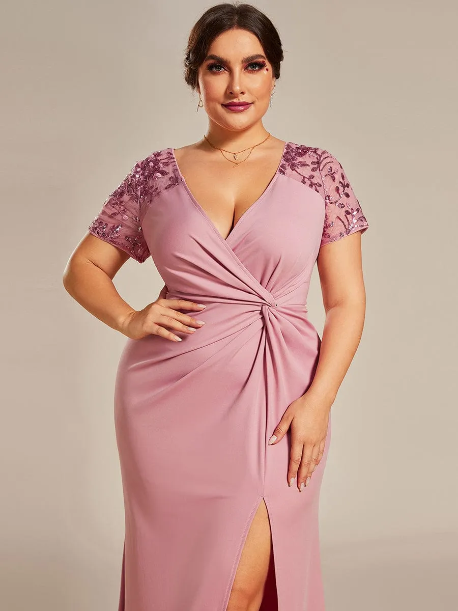 Plus Size Front Slit Short Sleeve With Sequin Formal Evening Dresses