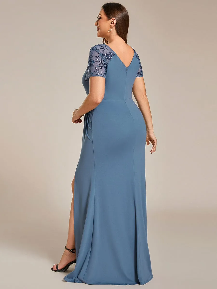 Plus Size Front Slit Short Sleeve With Sequin Formal Evening Dresses