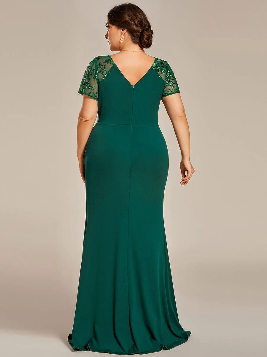 Plus Size Front Slit Short Sleeve With Sequin Formal Evening Dresses