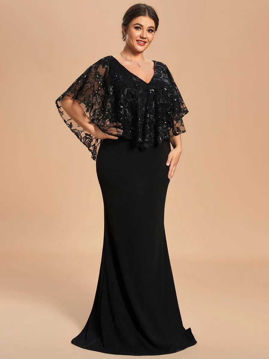 Plus Size Sequin Cape Short Sleeves Mermaid Formal Evening Dresses