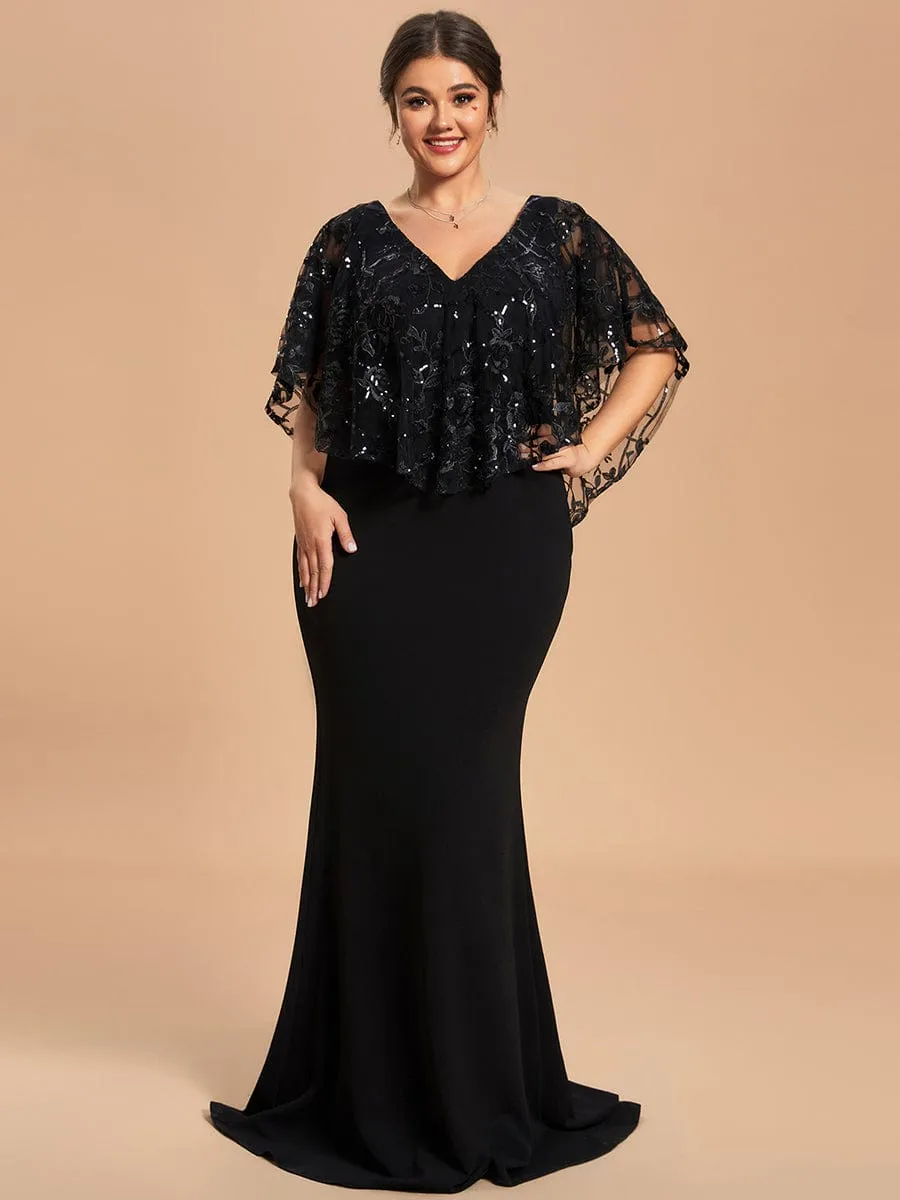 Plus Size Sequin Cape Short Sleeves Mermaid Formal Evening Dresses