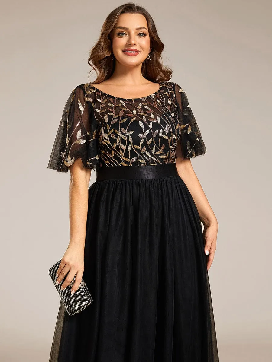 Plus Size Women's Embroidery Evening Dresses with Short Sleeve