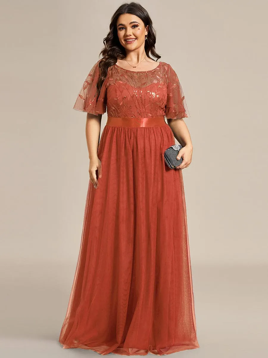 Plus Size Women's Embroidery Evening Dresses with Short Sleeve