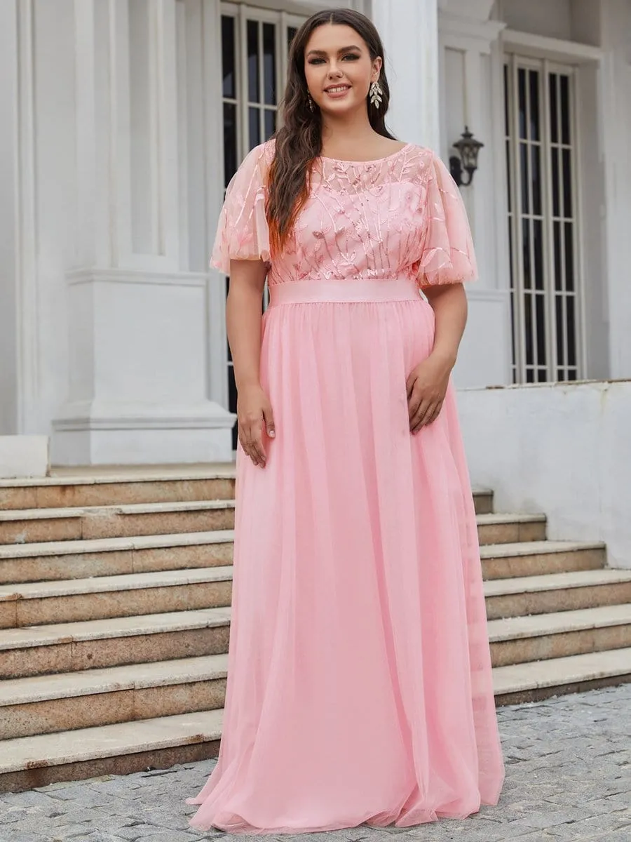 Plus Size Women's Embroidery Evening Dresses with Short Sleeve