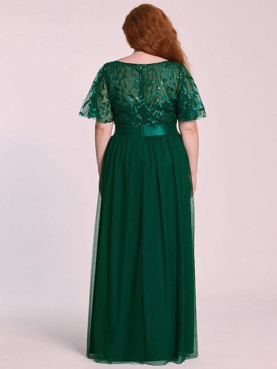 Plus Size Women's Embroidery Evening Dresses with Short Sleeve