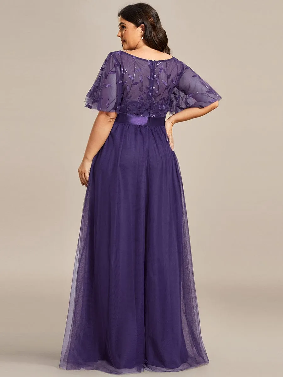 Plus Size Women's Embroidery Evening Dresses with Short Sleeve