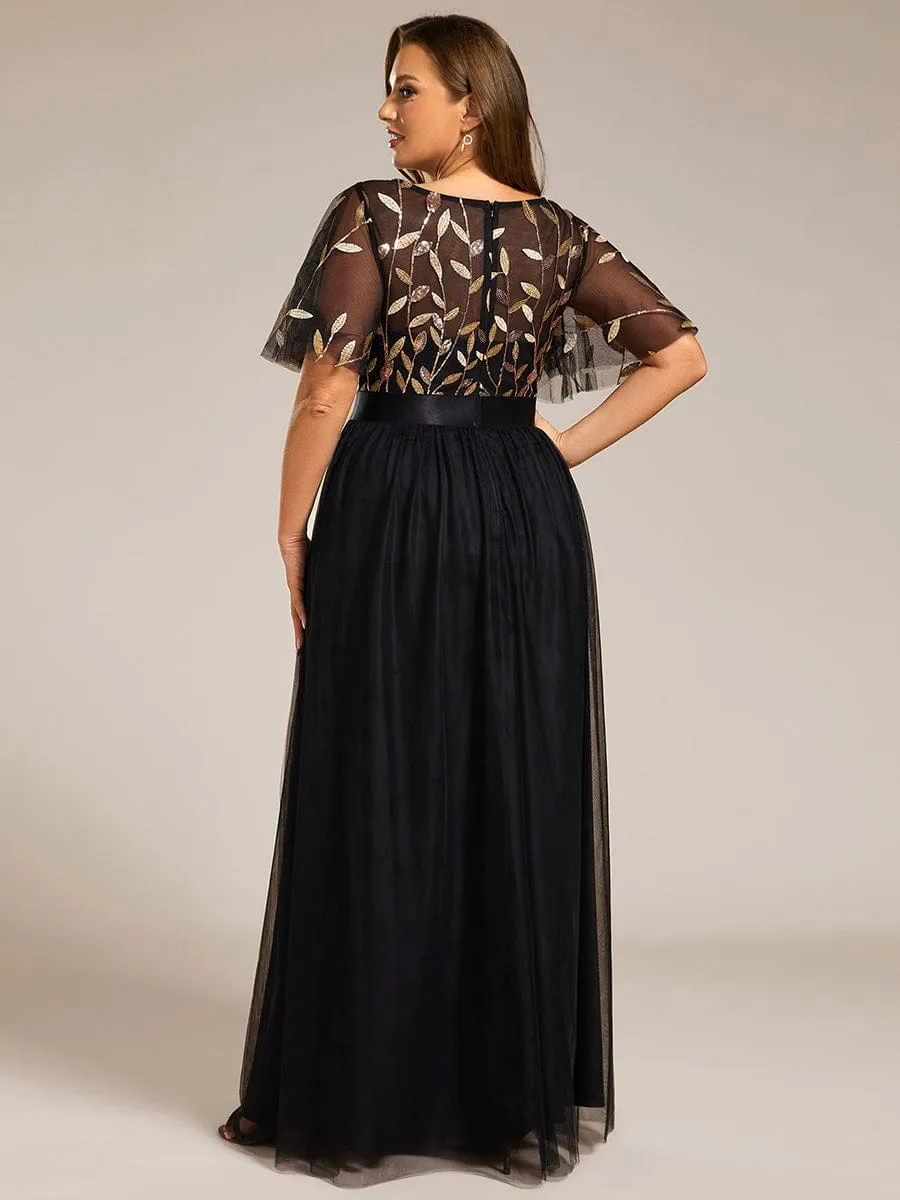 Plus Size Women's Embroidery Evening Dresses with Short Sleeve