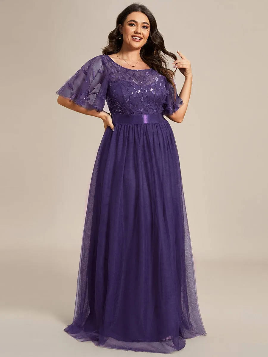 Plus Size Women's Embroidery Evening Dresses with Short Sleeve