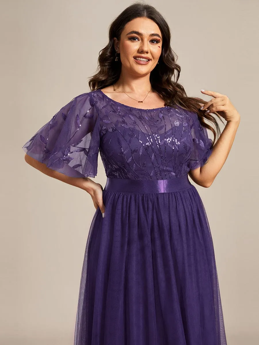 Plus Size Women's Embroidery Evening Dresses with Short Sleeve