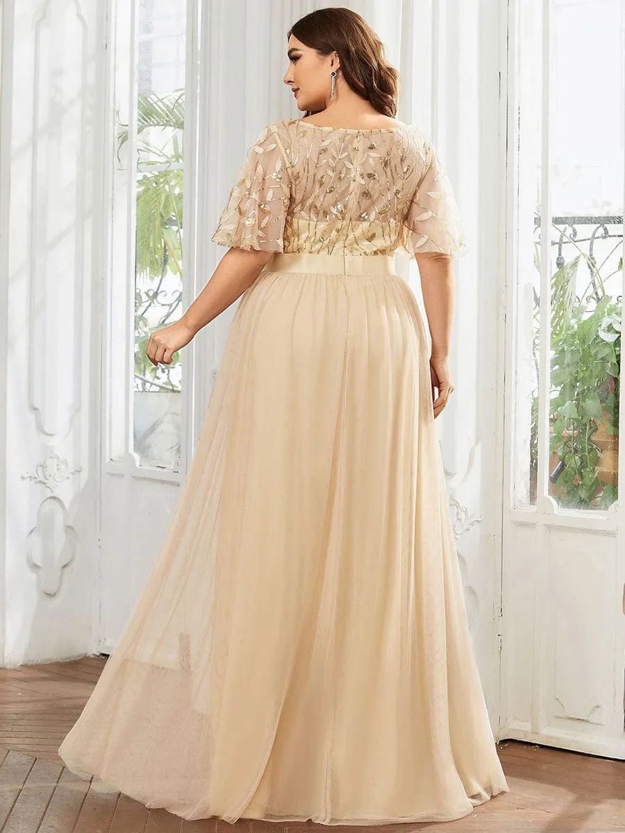 Plus Size Women's Embroidery Evening Dresses with Short Sleeve