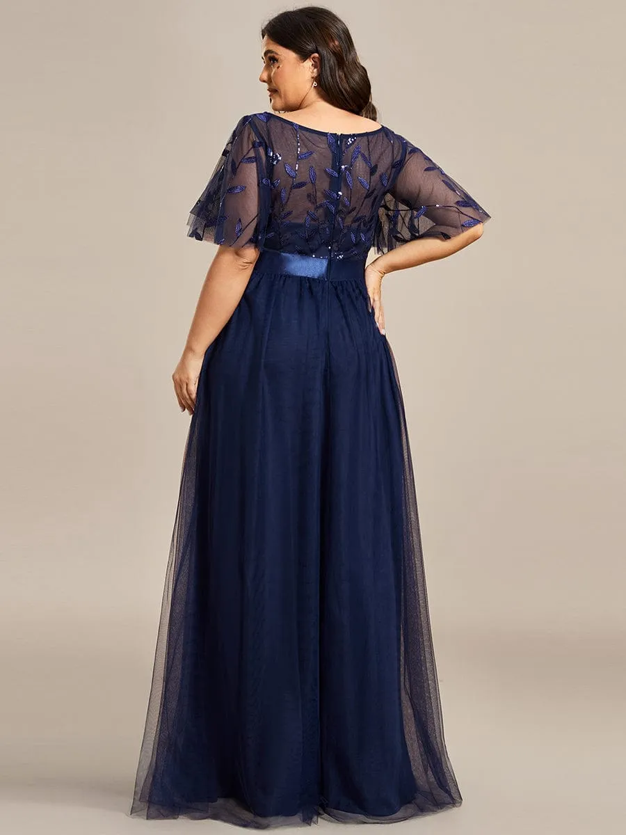 Plus Size Women's Embroidery Evening Dresses with Short Sleeve