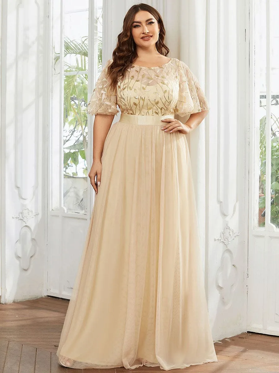 Plus Size Women's Embroidery Evening Dresses with Short Sleeve