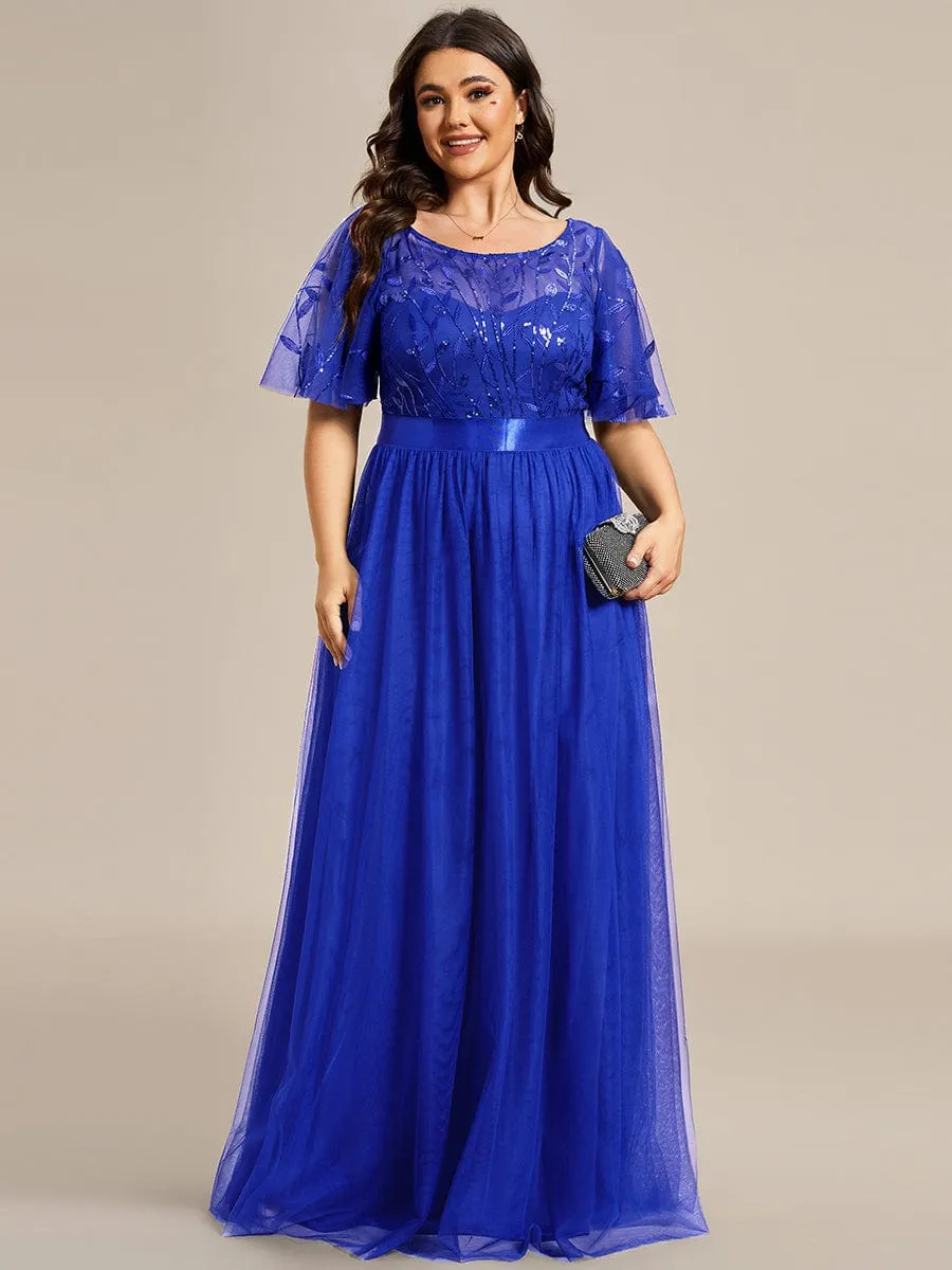 Plus Size Women's Embroidery Evening Dresses with Short Sleeve