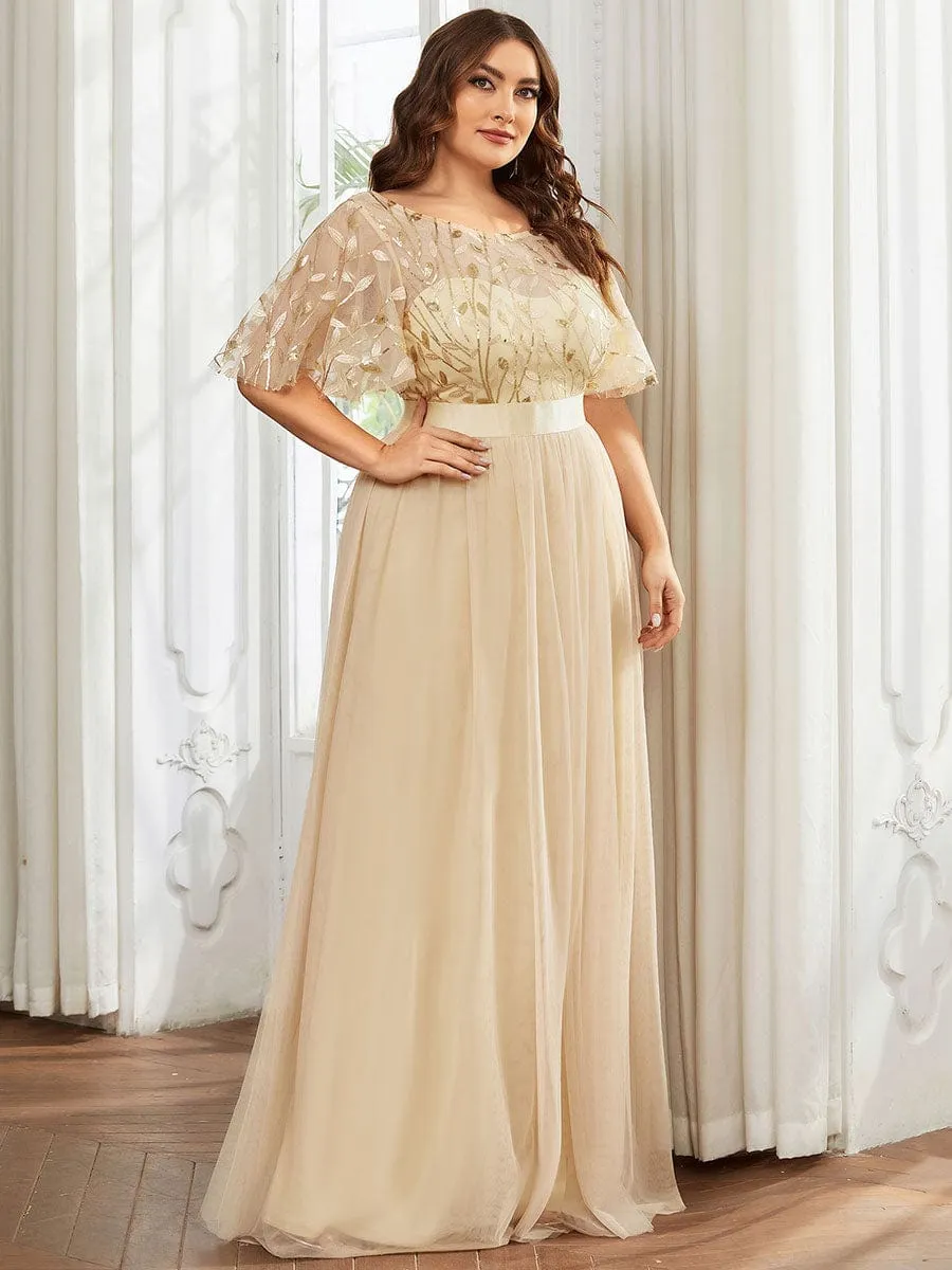 Plus Size Women's Embroidery Evening Dresses with Short Sleeve