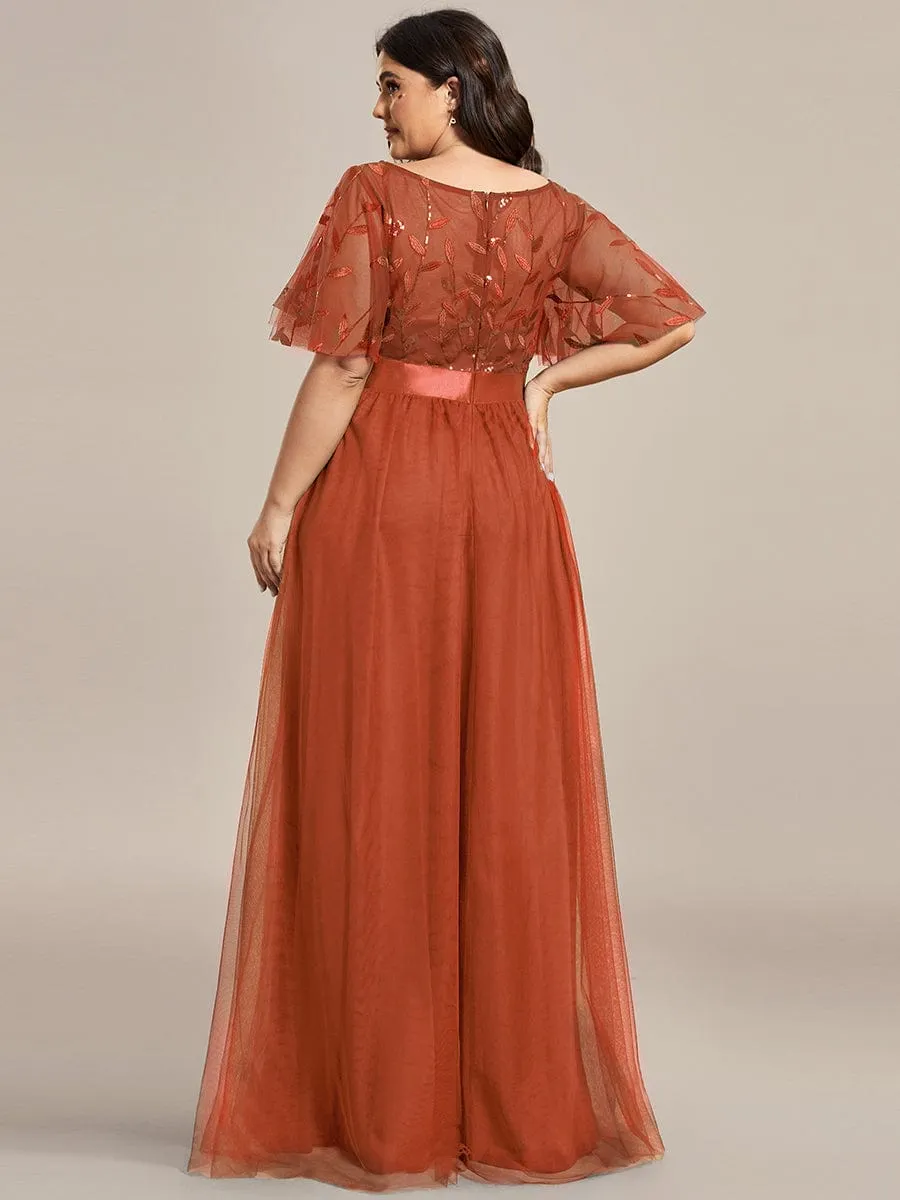 Plus Size Women's Embroidery Evening Dresses with Short Sleeve