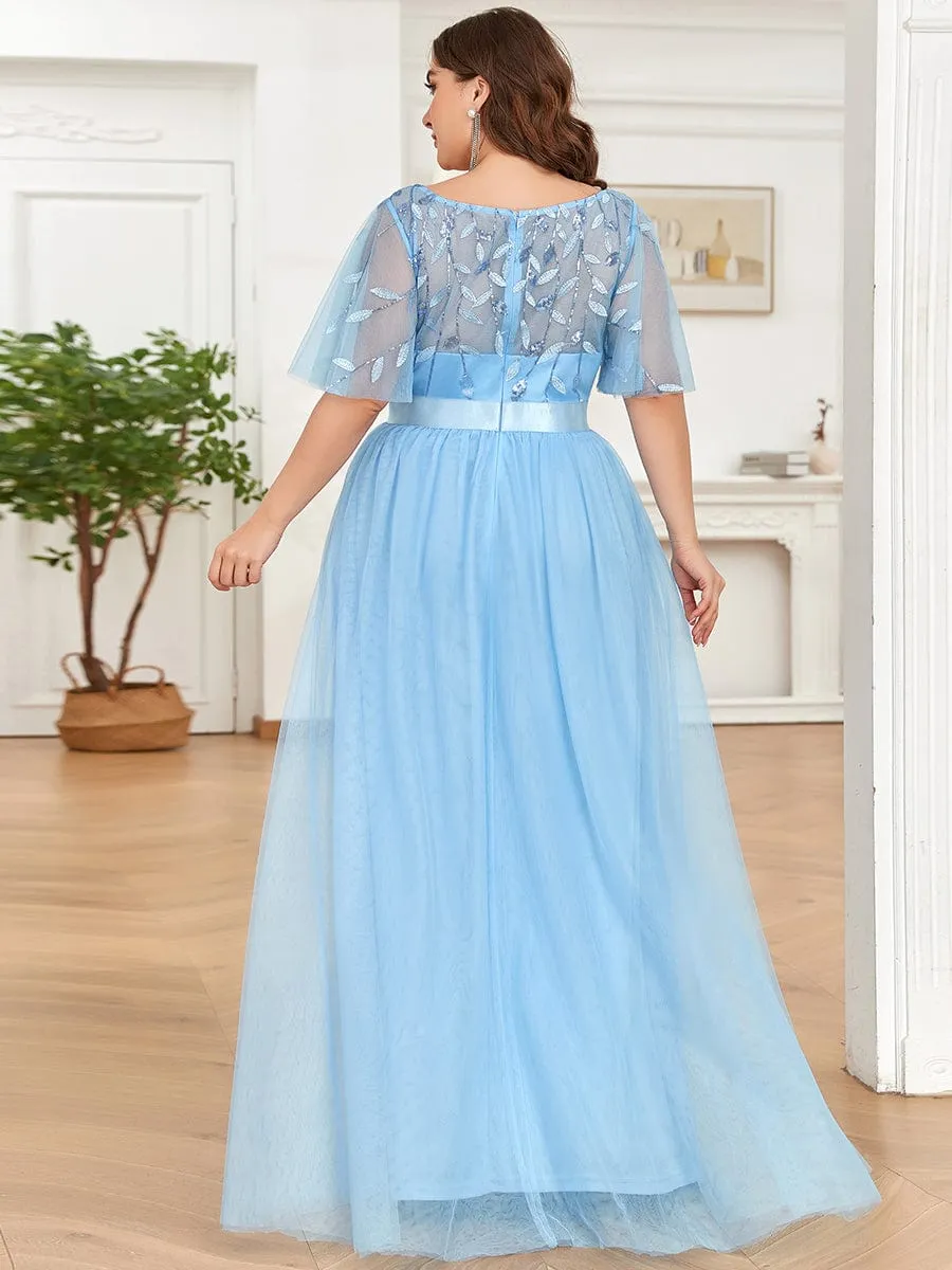 Plus Size Women's Embroidery Evening Dresses with Short Sleeve