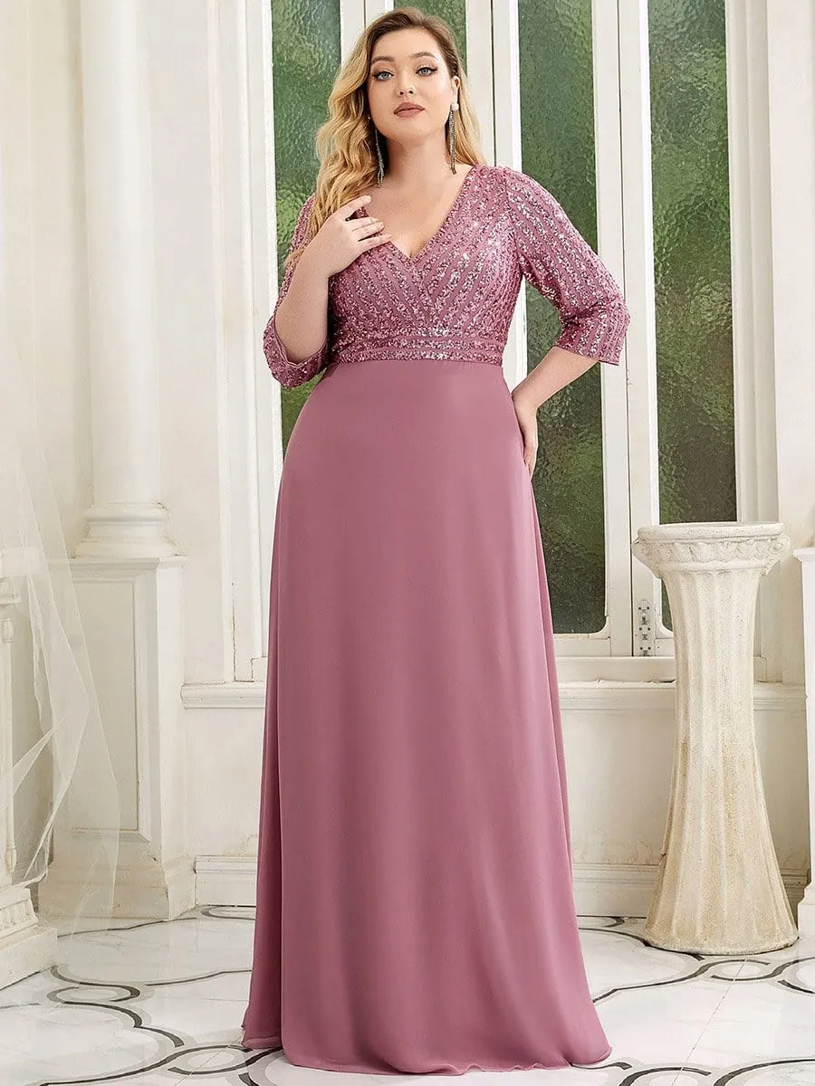 Sexy V Neck Sequin Evening Dresses with 3/4 Sleeve