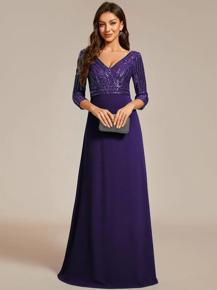 Sexy V Neck Sequin Evening Dresses with 3/4 Sleeve