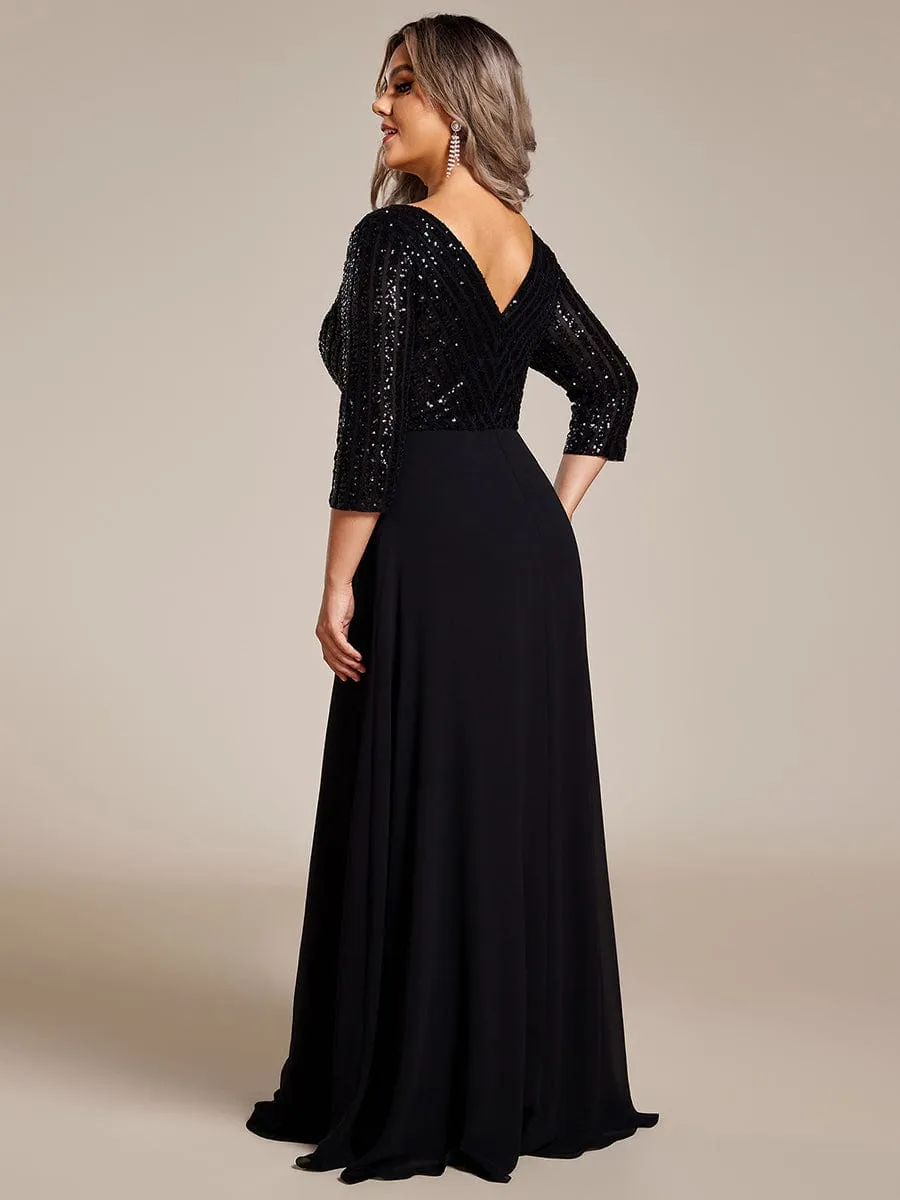 Sexy V Neck Sequin Evening Dresses with 3/4 Sleeve