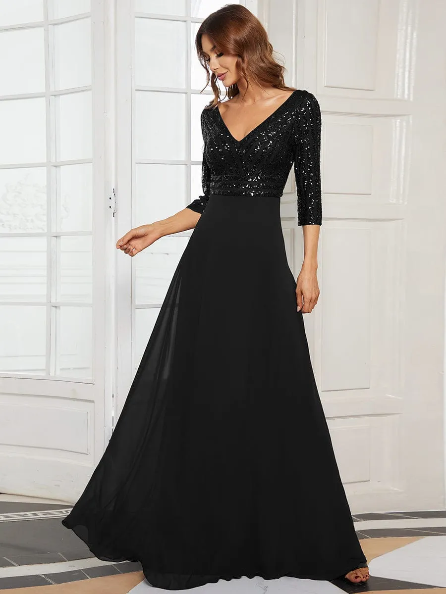 Sexy V Neck Sequin Evening Dresses with 3/4 Sleeve