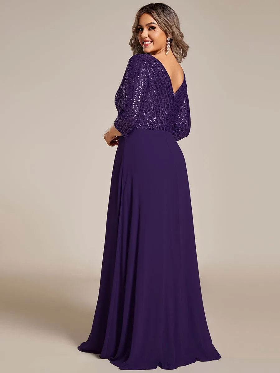 Sexy V Neck Sequin Evening Dresses with 3/4 Sleeve