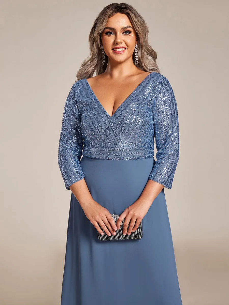 Sexy V Neck Sequin Evening Dresses with 3/4 Sleeve