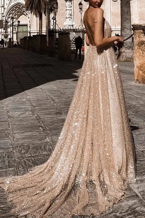 Sparkly Plunge Sequin Mesh Overlay Long Backless Prom Gown Dresses