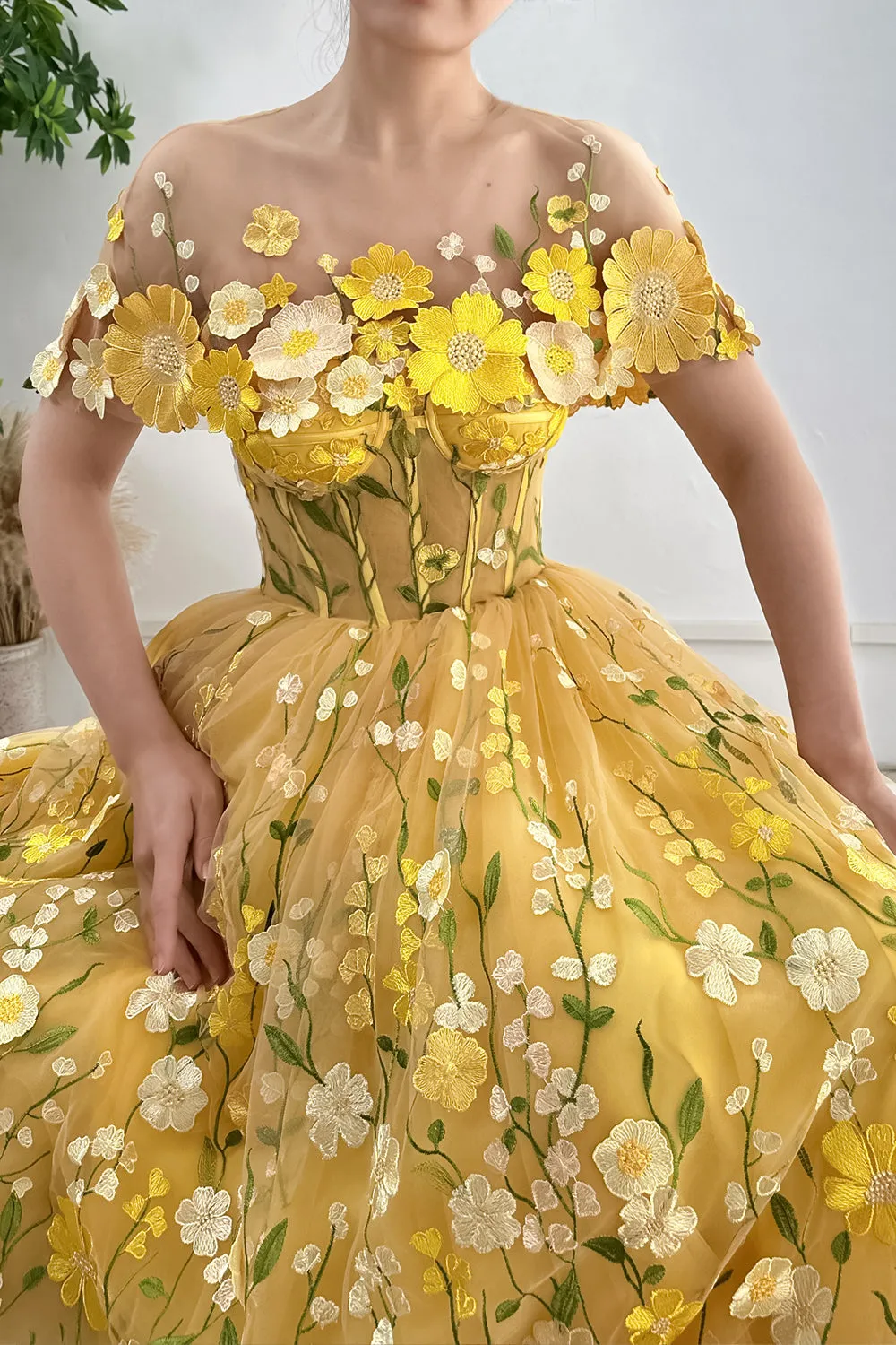 Strapless Floral Corset Yellow Dress with Removable Cape