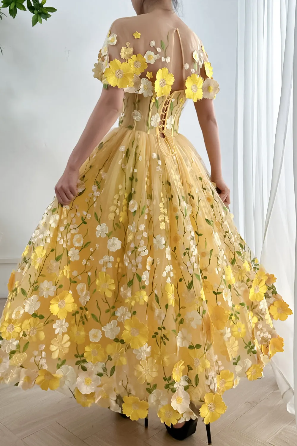 Strapless Floral Corset Yellow Dress with Removable Cape