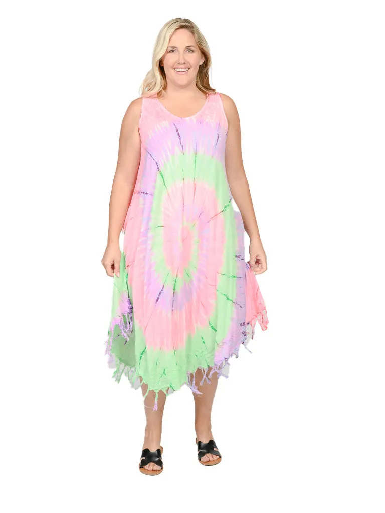 Umbrella dresses with fringed bottom in multicolor tie dye