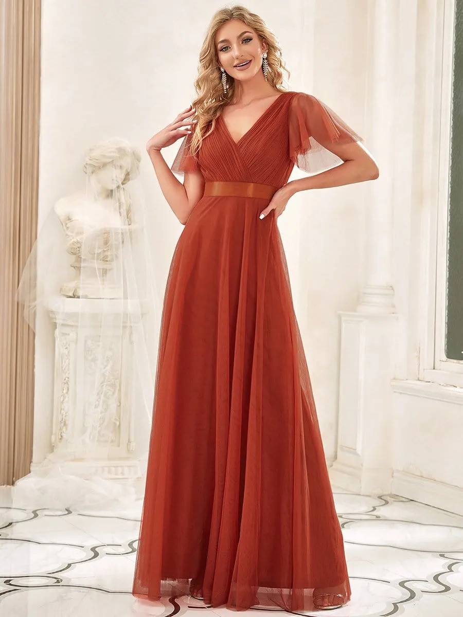 V-Neck Floor-Length Short Sleeve Tulle Bridesmaid Dresses