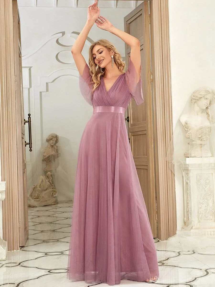 V-Neck Floor-Length Short Sleeve Tulle Bridesmaid Dresses