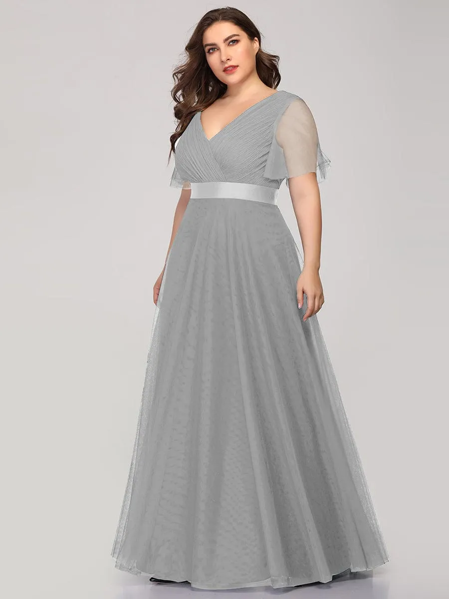 V-Neck Floor-Length Short Sleeve Tulle Bridesmaid Dresses