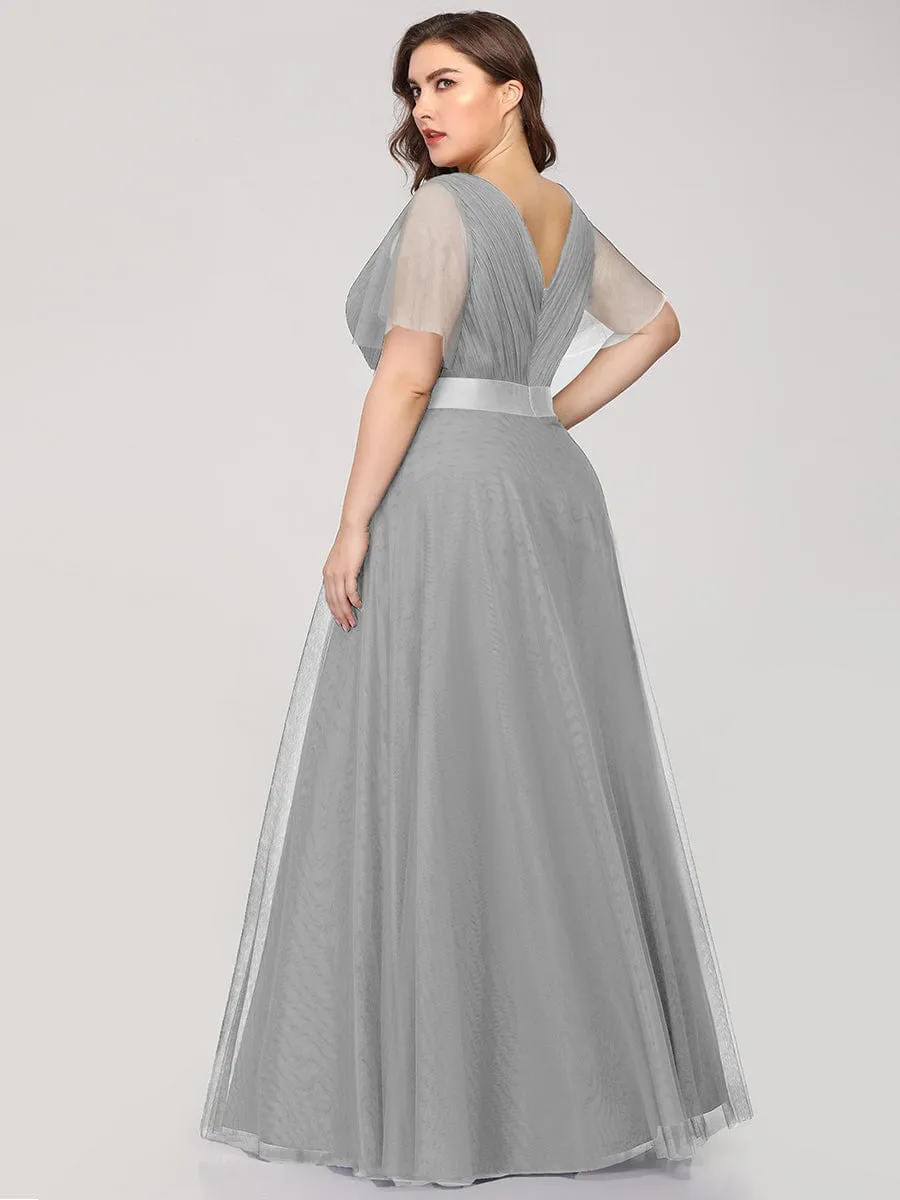 V-Neck Floor-Length Short Sleeve Tulle Bridesmaid Dresses