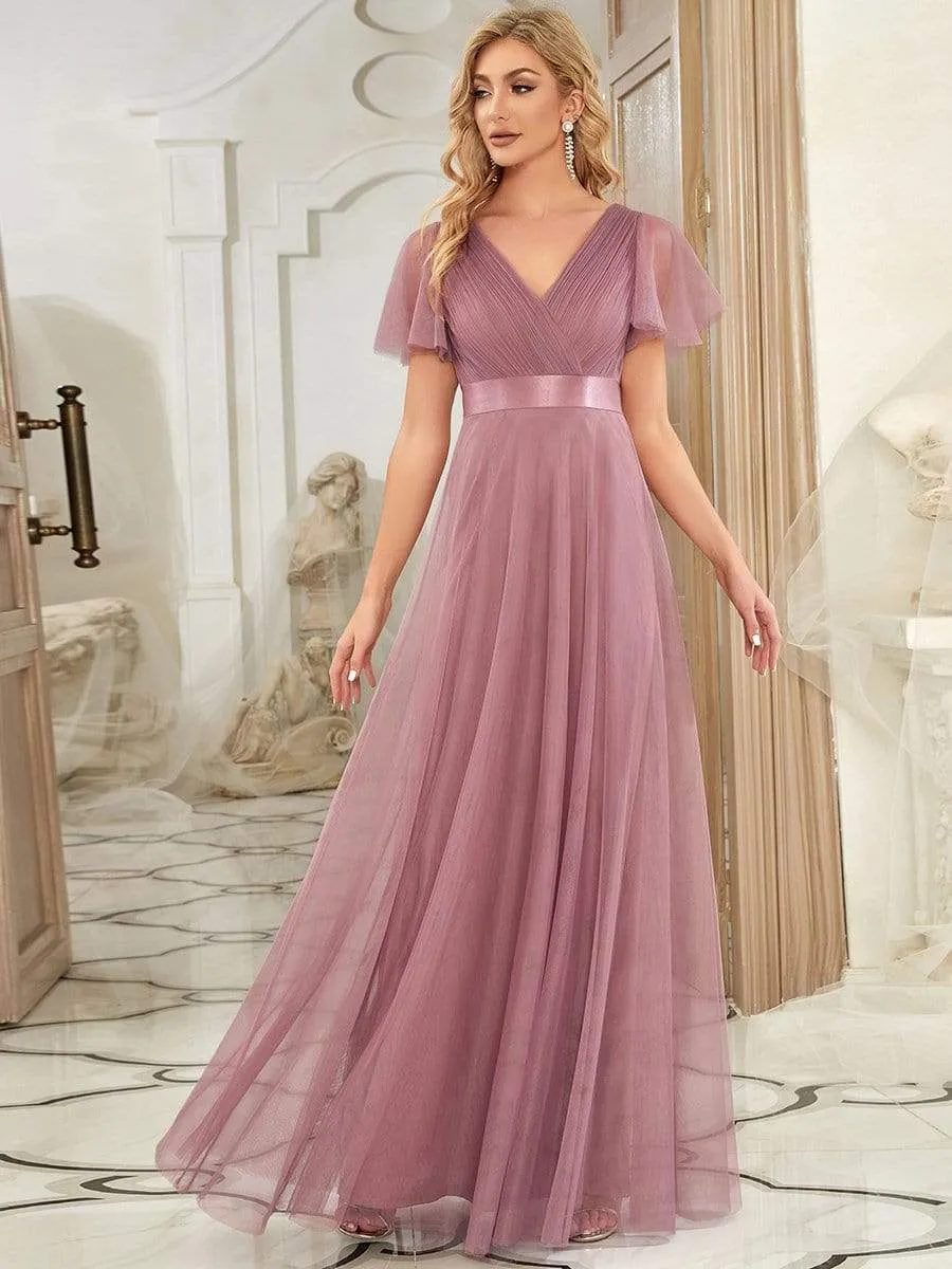 V-Neck Floor-Length Short Sleeve Tulle Bridesmaid Dresses