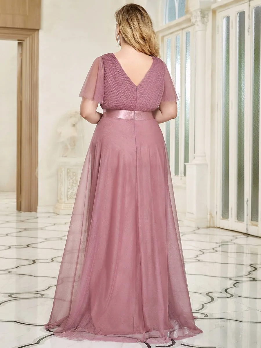 V-Neck Floor-Length Short Sleeve Tulle Bridesmaid Dresses