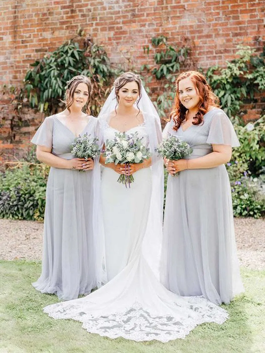 V-Neck Floor-Length Short Sleeve Tulle Bridesmaid Dresses