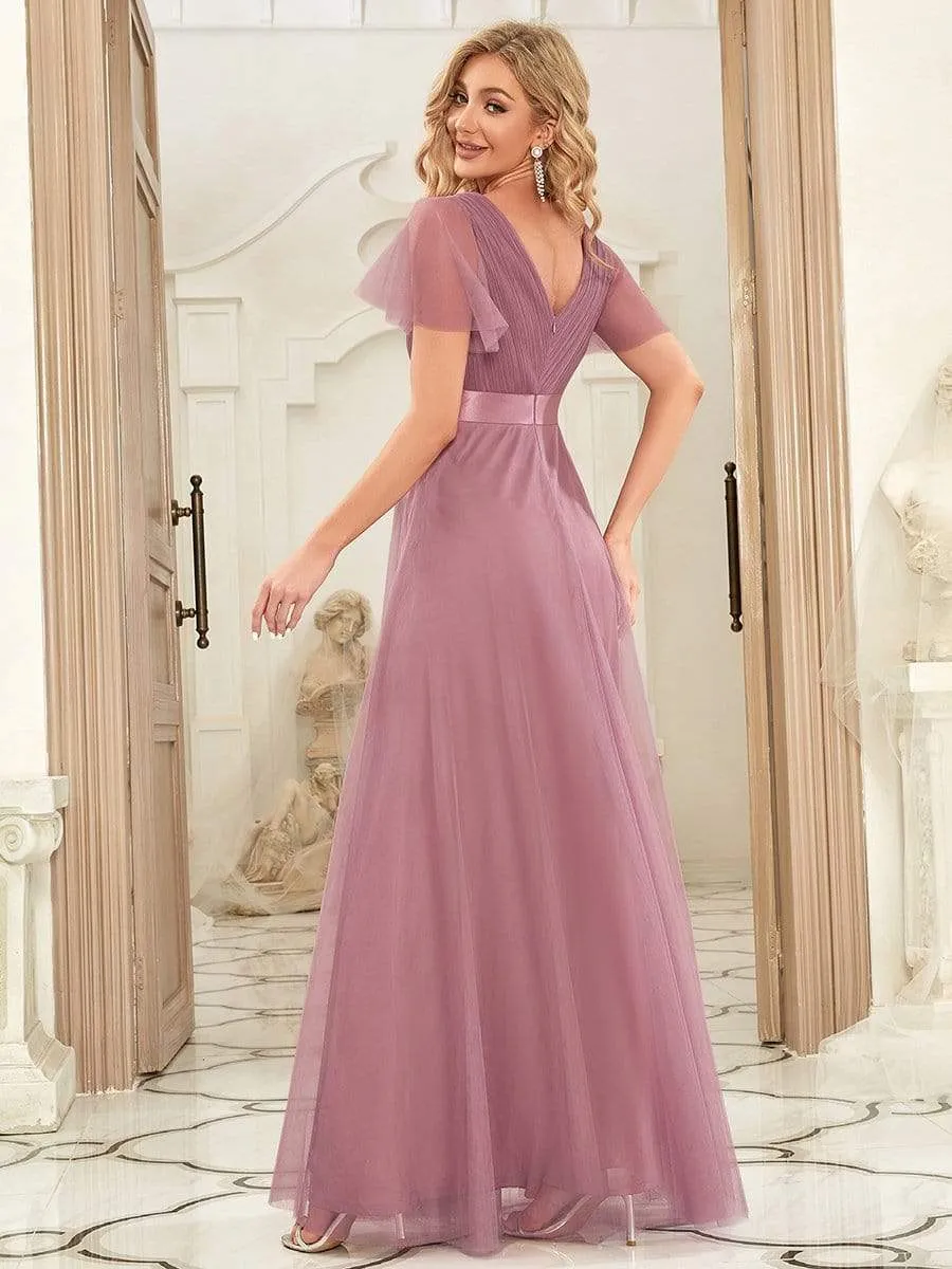 V-Neck Floor-Length Short Sleeve Tulle Bridesmaid Dresses